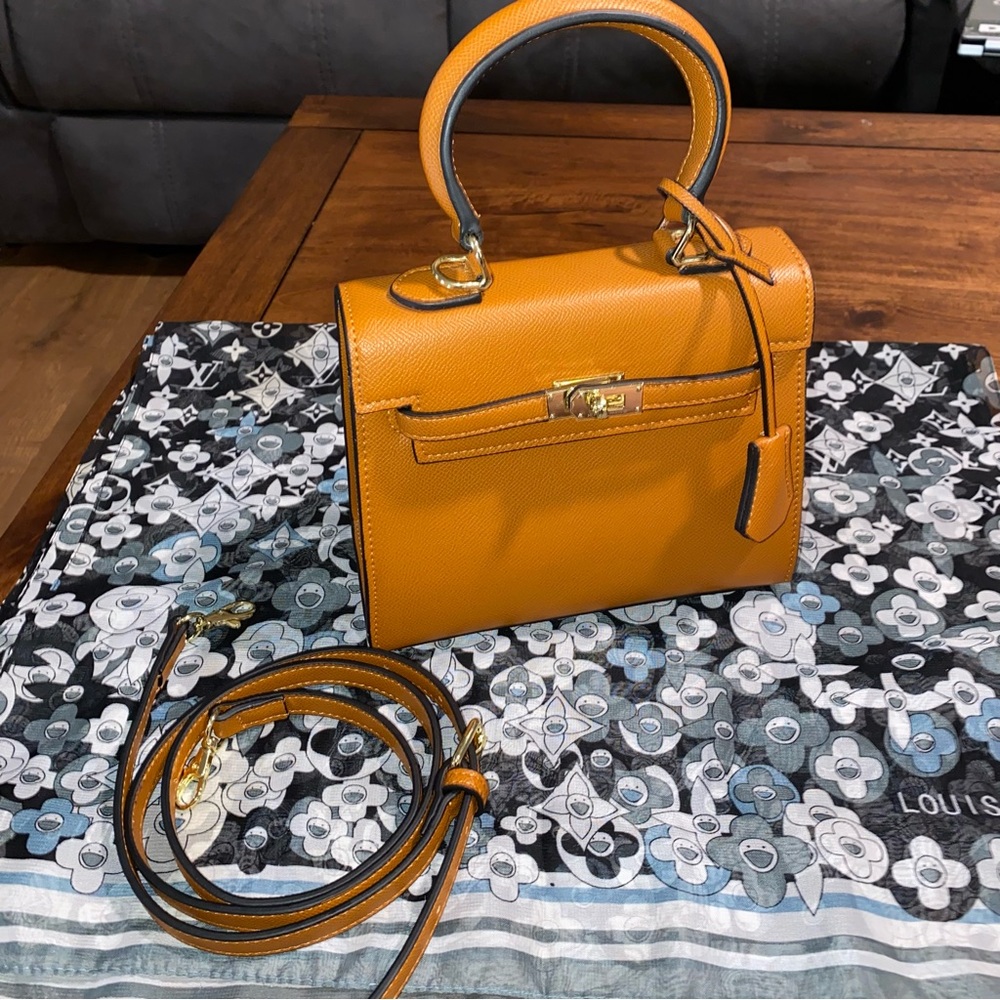 Mini Fashion Structured Handbag Yellow/orange Faux Leather and detachable strap